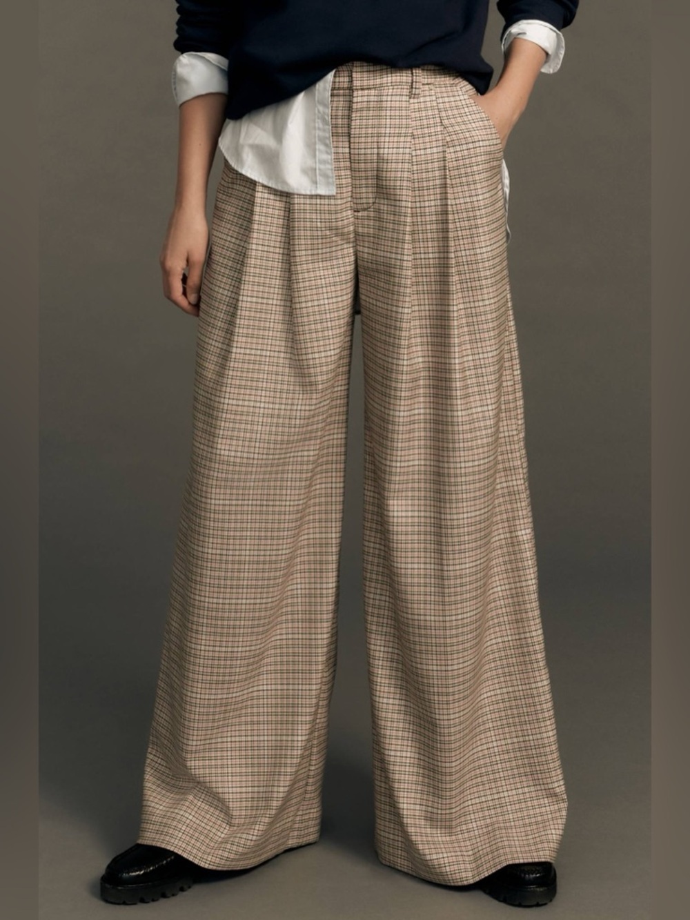 Maeve The Avery Pleated Wide-Leg Trousers Plaid in Ivory Combo - Size 8 - Picture 2 of 12